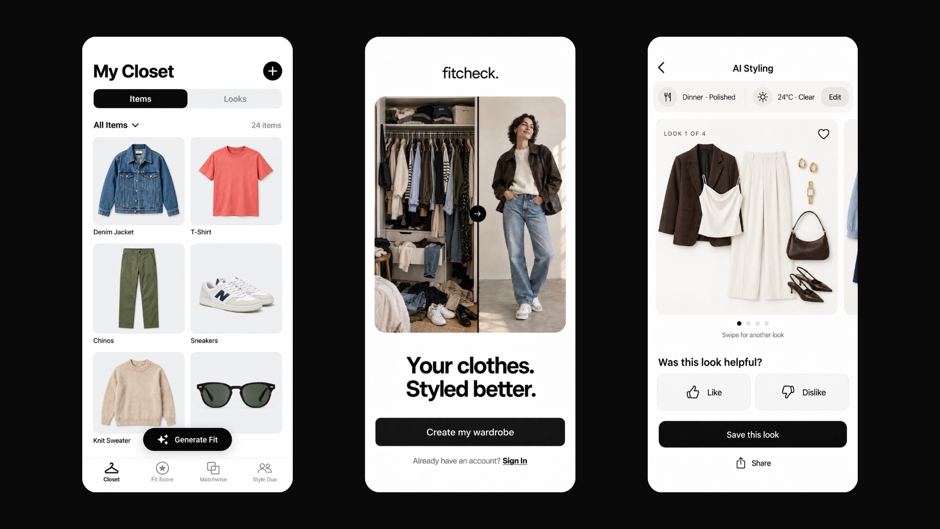 FitCheck iOS app screens showing a digital wardrobe and AI styling suggestions